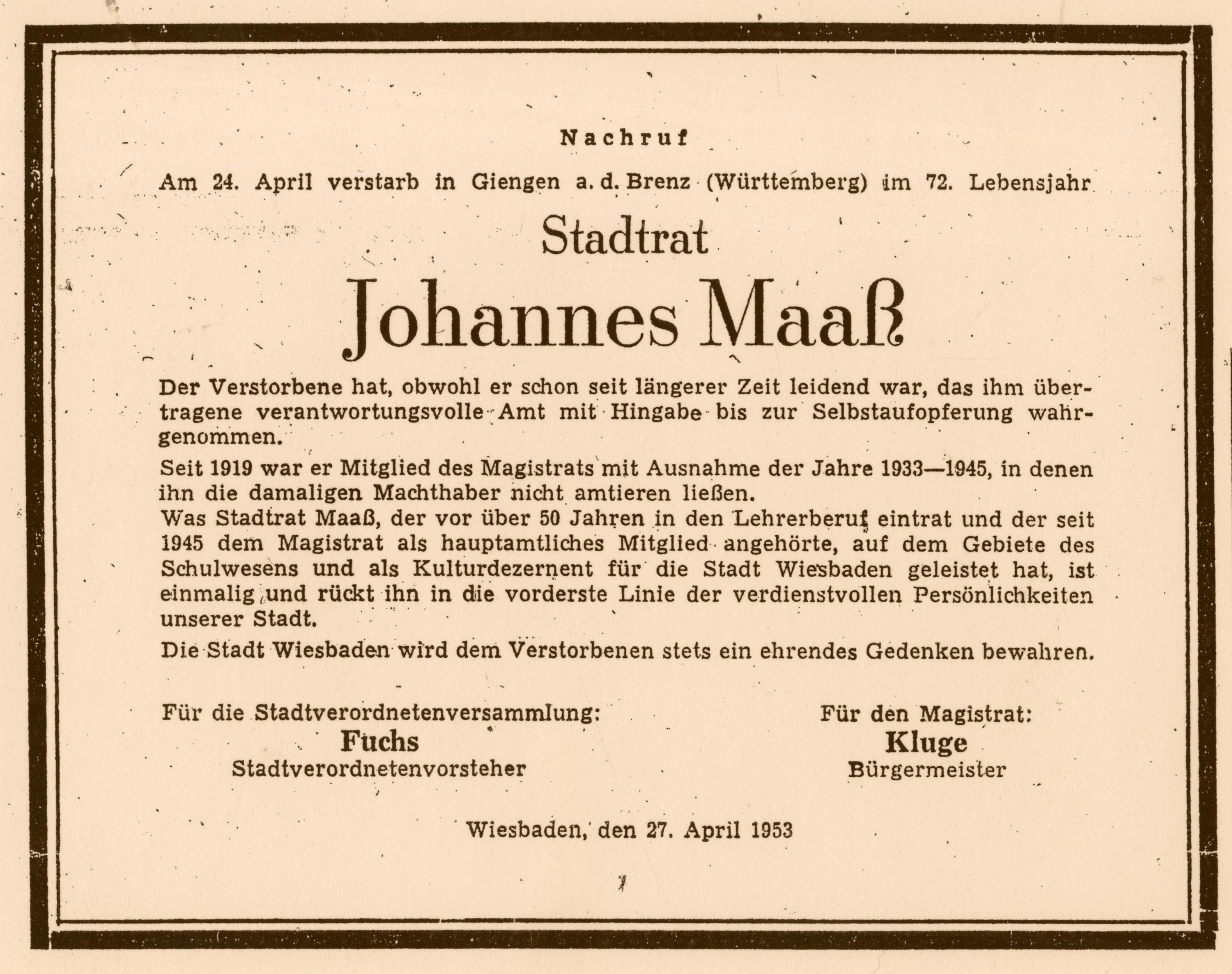 Todesanzeige der Landeshauptstadt Wiesbaden